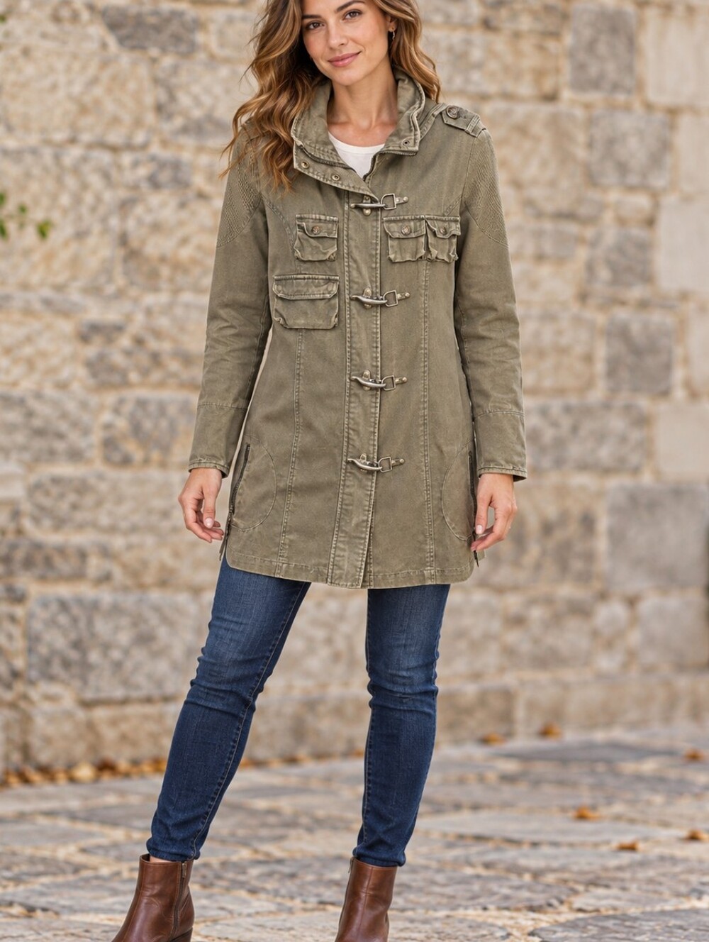 BB Dakota Olive Green Military Utility Jacket Metal Clasp Closures Size Large